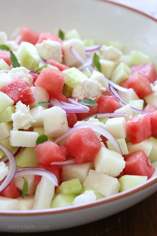 This Watermelon, Jicama and Cucumber Salad is light and refreshing for a hot summer day. A great side for just about anything you put on the grill!