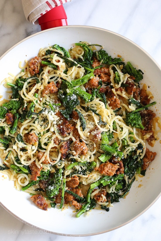 Broccoli rabe and spicy sausage are one of my favorite pasta dishes; this spiralized version made with parsnips in place of pasta for a hefty serving of veggies won't disappoint! If you don’t like the bitterness of broccoli rabe, broccolini or broccoli would also work in it’s place.