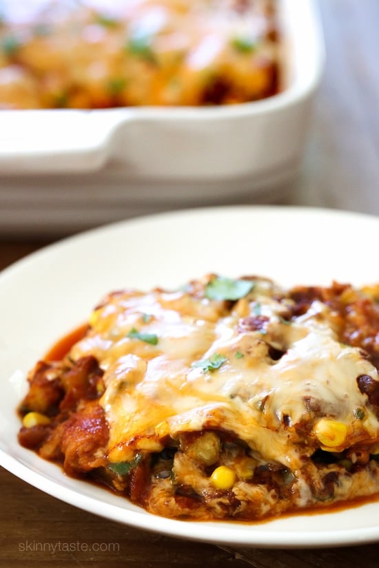 Late Summer Vegetable Enchilada Pie – A saucy, lasagna-like Mexican-American casserole layered with vegetables, tortillas, sauce and cheese.
