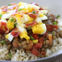 Lentil Rice Bowls with Eggs and Bacon