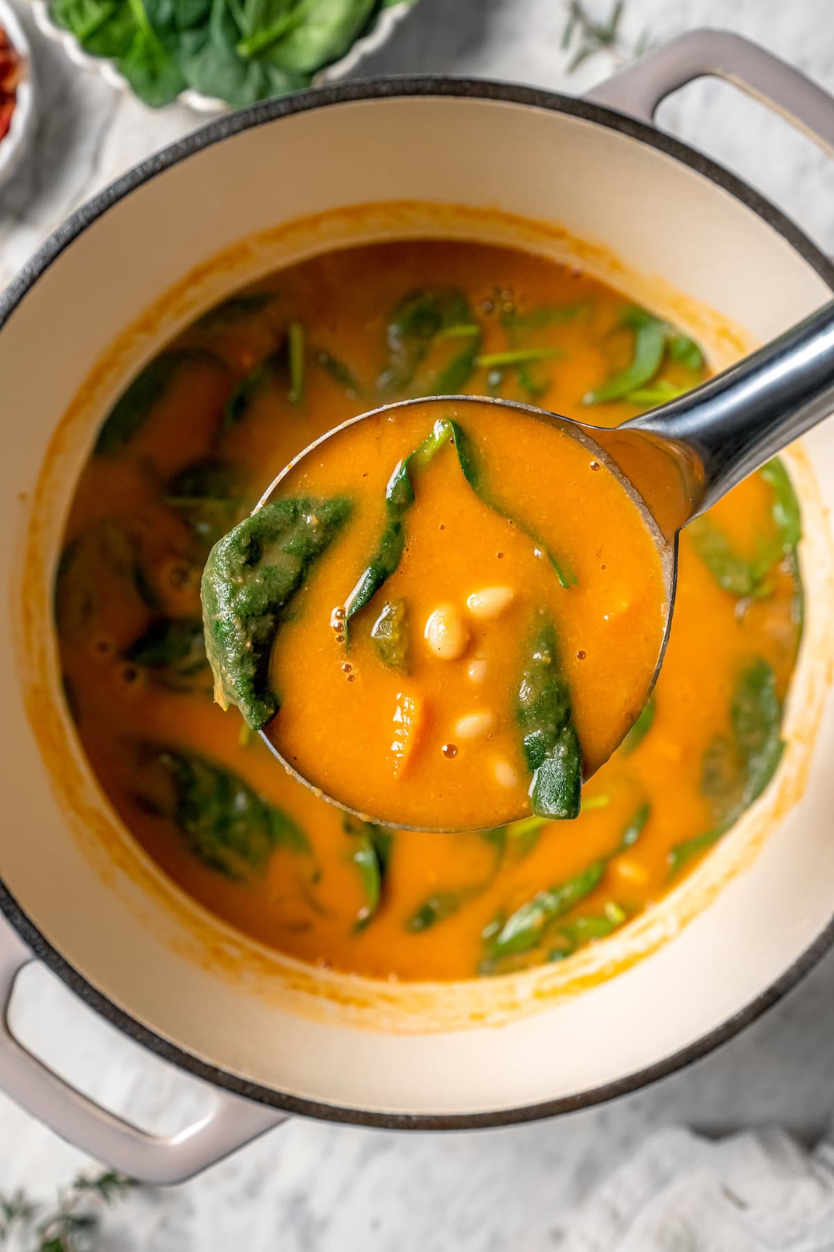 This delicious, hearty navy bean soup is inexpensive and easy to make! Cook it on the stovetop, or in your Instant Pot or slow cooker. Ladle of navy bean soup held over pot