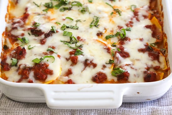 This fall lasagna swaps pasta for butternut squash layered with a chicken sausage meat sauce, ricotta, and mozzarella. Simply wonderful, you won't miss the pasta!