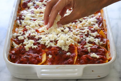 This fall lasagna swaps pasta for butternut squash layered with a chicken sausage meat sauce, ricotta, and mozzarella. Simply wonderful, you won't miss the pasta!