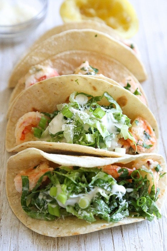 Shrimp Scampi Tacos with Caesar Salad Slaw, a unique twist on a shrimp taco and ready in under 20 minutes!
