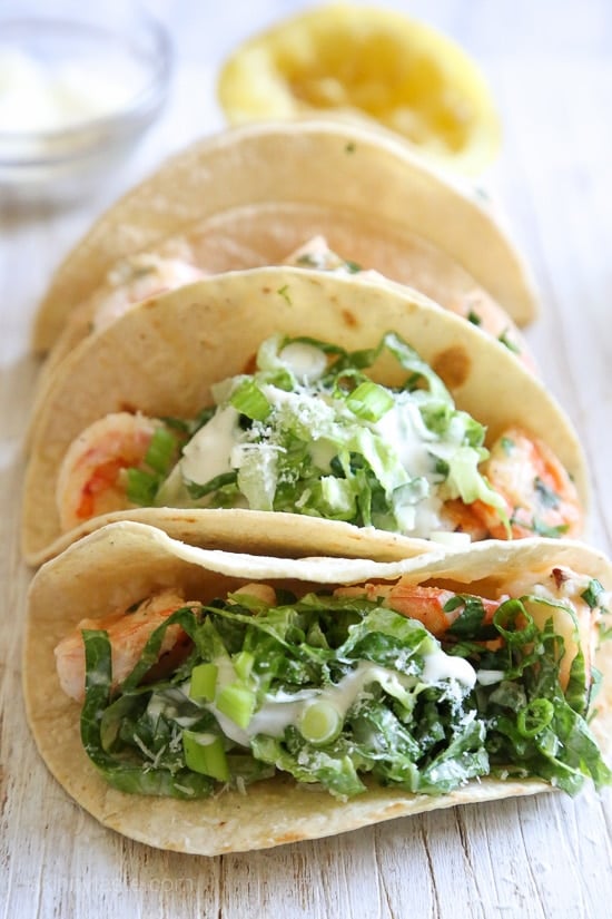 Shrimp Scampi Tacos with Caesar Salad Slaw, a unique twist on a shrimp taco and ready in under 30 minutes!