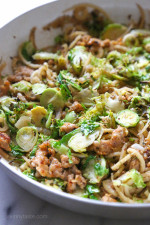 Spiralized parsnips make a wonderful pasta replacement in this satisfying, spicy Autumn dish made with brussels sprouts and spicy chicken sausage.