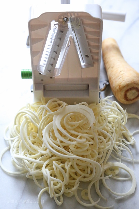 Spiralized parsnips make a wonderful pasta replacement in this spicy Autumn dish made with brussels sprouts and spicy chicken sausage.