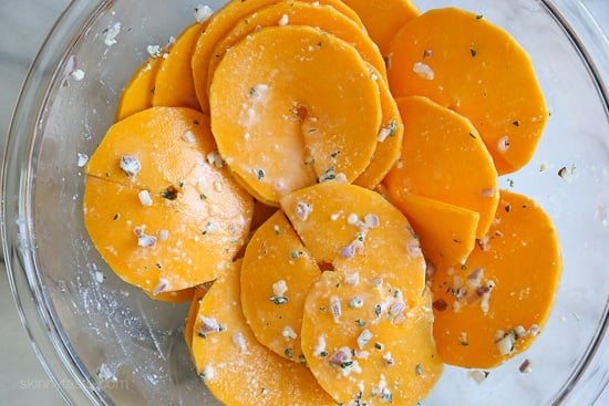 Gratin's are usually loaded with butter and cream, this lightened version is healthier and flavorful, you won't miss all the cream! A perfect side dish for Turkey or Roasted Chicken.