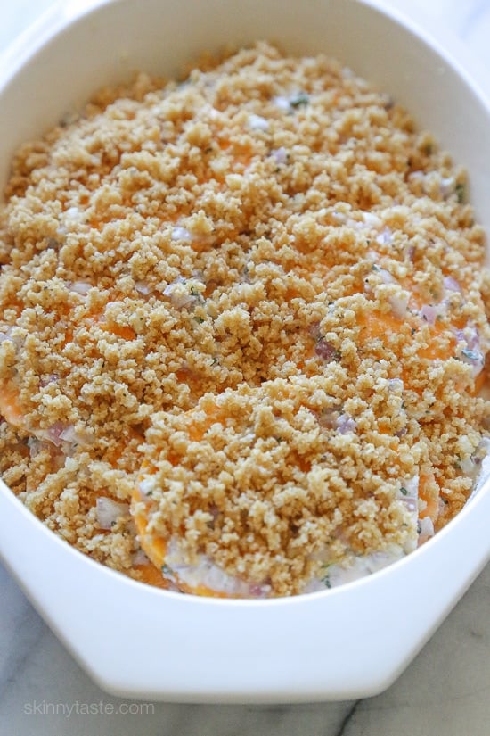 Gratin's are usually loaded with butter and cream, this lightened version is healthier and flavorful, you won't miss all the cream! A perfect side dish for Turkey or Roasted Chicken.