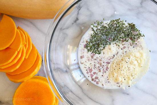 This lightened Butternut Squash Gratin is healthier and flavorful, you won't miss all the cream! A perfect side dish for Turkey or Roasted Chicken.