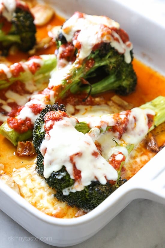 I gave one of my favorite veggies – roasted broccoli – the parmesan treatment (topped with with marinara and melted mozzarella)! If it works for eggplant, why not broccoli!