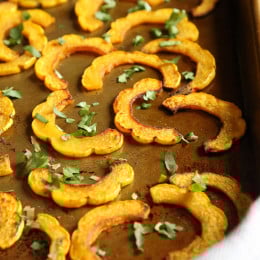 These are the perfect balance of savory and sweet, and fuss-free because you don’t have to peel the skin of the Delicate squash, so it’s pretty easy to prepare.