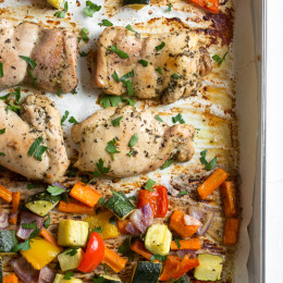 Assemble this super easy chicken and vegetable dinner on a sheet pan and pop it into your oven for a delicious, fuss-free meal. For easy clean-up, line your sheet pan with foil or parchment.