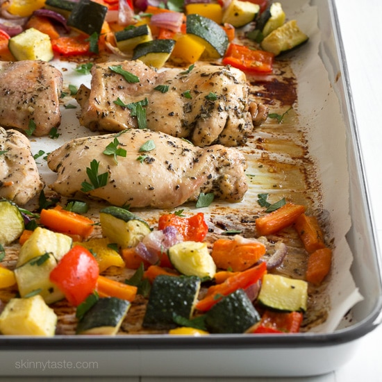 Assemble this super easy chicken and vegetable dinner on a sheet pan and pop it into your oven for a delicious, fuss-free meal. For easy clean-up, line your sheet pan with foil or parchment.