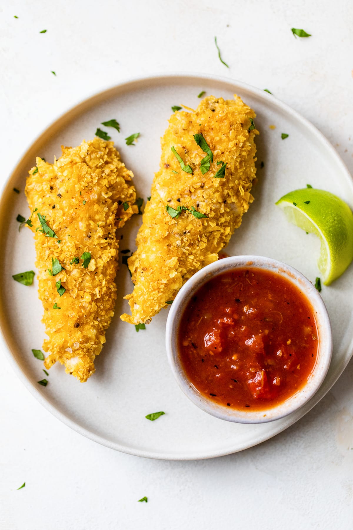 Tortilla Encrusted Chicken Tenders with salsa