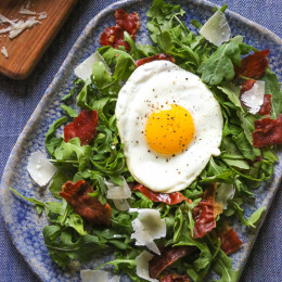 This easy salad has all my favorite things in one – arugula, Proscuitto, shaved Parmesan and a runny egg! When you pop that egg yolk, the salad is bathed in that warm eggy goodness, salad nirvana in every bite! If you are not a fan of runny eggs, hard boiled eggs would taste just fine too!