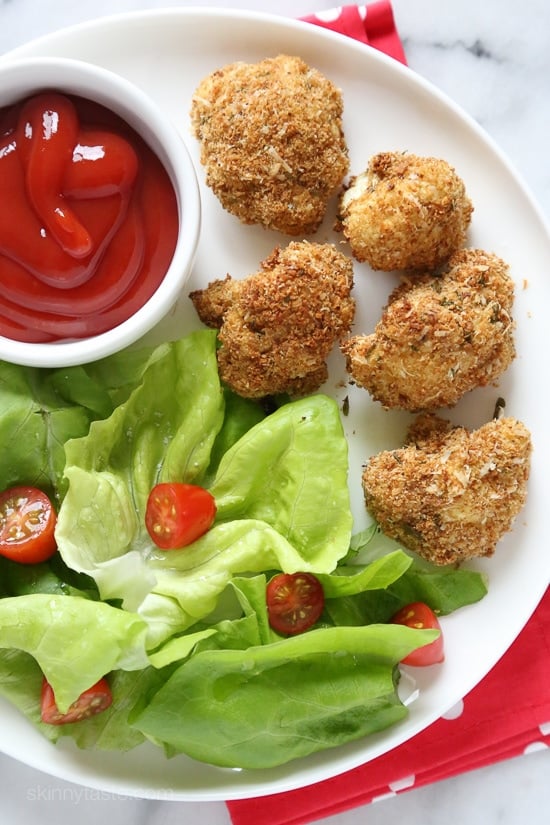These delicious breaded cauliflower florets are baked in the oven with a parmesan-crumb crust, they remind me of my Moms fried cauliflower I used to love as a kid – without all the frying!