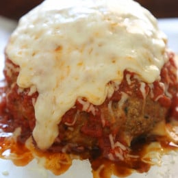 This Giant Turkey Meatball isn't your regular meatball, is HUGE, baked in the oven similar to how you would make a meatloaf, then topped with marinara and melted cheese – I'm OBSESSED!