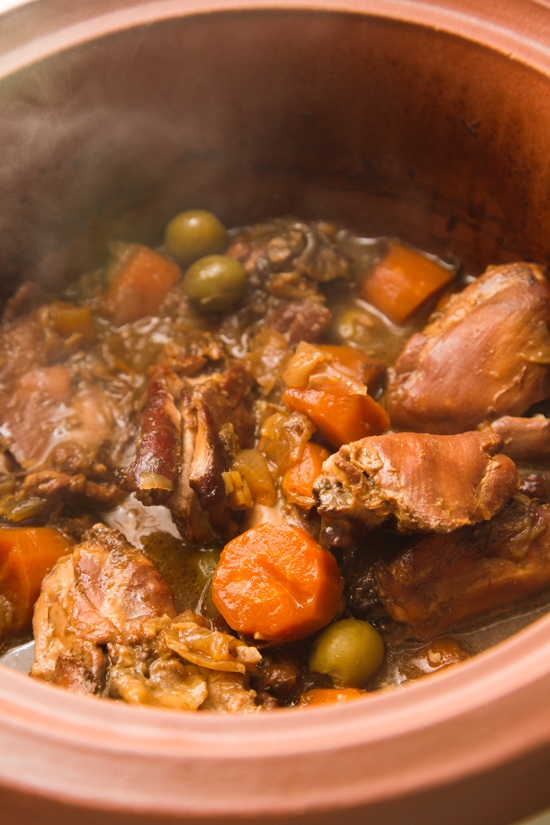 Chicken, prunes, olives, carrots, onions, garlic and ginger are slow-cooked with Moroccan spices to create a flavorful and fragrant dish that you’ll want to make again and again. Serve it over whole-wheat couscous (or cauliflower rice for a low-carb option) with lemon wedges, fresh cilantro, or some chopped pistachios or almonds for a complete meal.