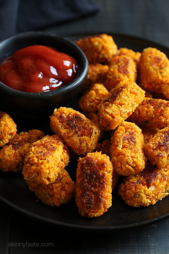 A healthier alternative to tater tots, and a great way to sneak orange-colored vegetables into your kids meals which are high in vitamin C and beta-carotene.
