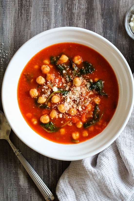 This Chickpea Tomato Soup is an easy, hearty soup, loaded with chickpeas and vegetables in every bite. Stove, slow cooker and Instant Pot directions provided.