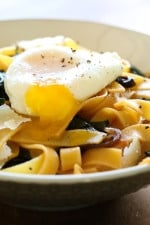 I always have eggs, pasta and some type of greens on hand; for this fettuccini dish I used Swiss chard but spinach, escarole or kale would also work.