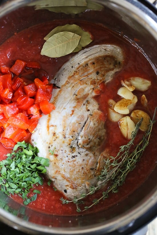 A hearty sauce made with Pulled pork, tomatoes, roasted peppers and fresh herbs. Wonderful served over pasta, spaghetti squash or spiralized noodles.