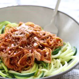 Pulled pork is not just for sandwiches, it's wonderful in this hearty sauce which is perfect over pasta, spaghetti squash or spiralized noodles.