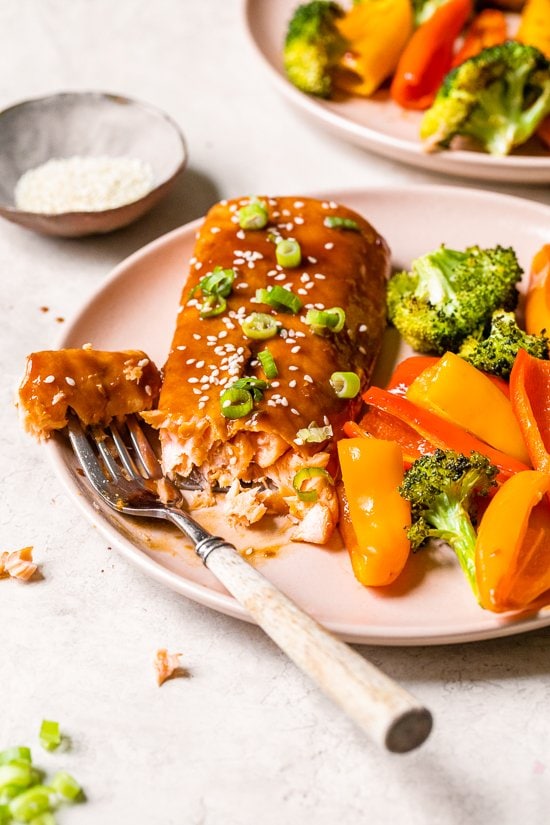 teriyaki salmon on a plate with fork