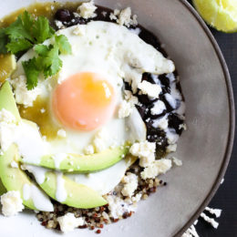 Eggs are not just for breakfast, I love them for lunch or dinner too! These flavorful protein-pack bowls topped with salsa verde, black beans, avocados and queso fresco.