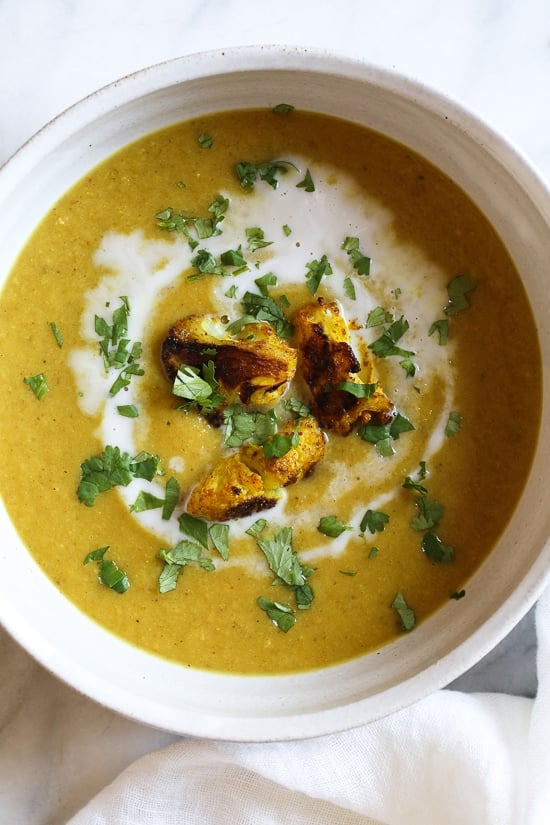 Roasting cauliflower enhances the flavors in this delicious, healthy soup. If you haven't jumped on the turmeric bandwagon yet, this soup is a great place to start! I like to reserve some of the roasted cauliflower as a garnish for the soup.