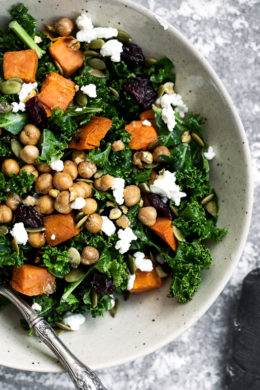 Kale Salad with Roasted Sweet Potato, Dried Cherries, Feta & Pepitas