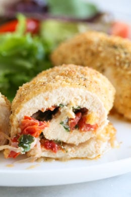 These Sundried Tomato Stuffed Chicken Breasts are filled with Sun Dried Tomato Bruschetta, mozzarella and spinach, rolled, breaded and baked in the oven or air fryer.