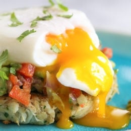 Treat yourself or your loved ones to this special dish – crab cakes benedict topped with avocado relish and a poached egg. Perfect for breakfast, lunch or brunch!