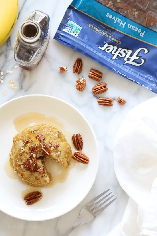 EASY, healthy pancakes, made with only FOUR ingredients, nuts, ripe bananas and oats, plus a whole egg for a powerhouse of nutrition all in a quick breakfast! A perfect way to use up those ripe bananas.