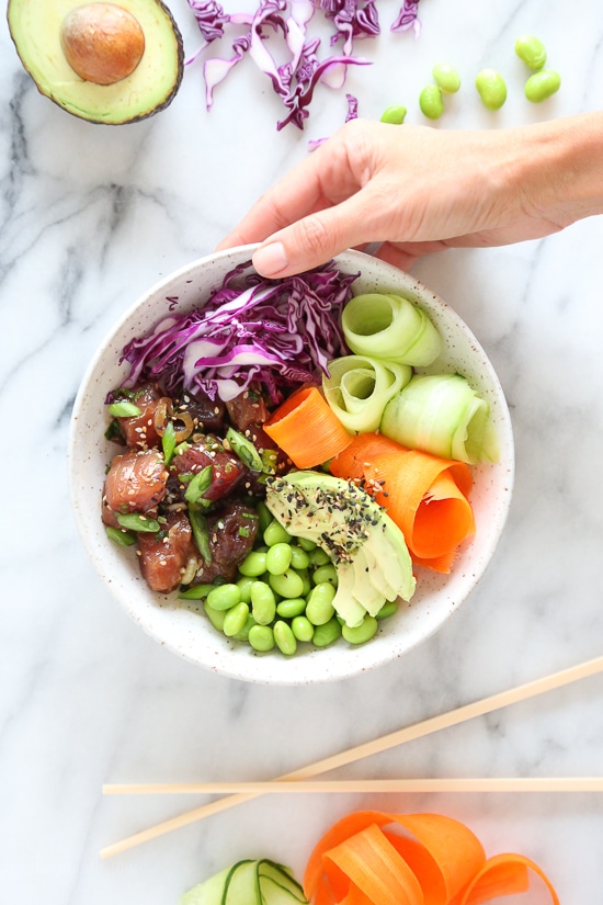 Shoyu Ahi Poke is the traditional Hawaiian dish of raw fish seasoned with soy sauce and sesame oil.