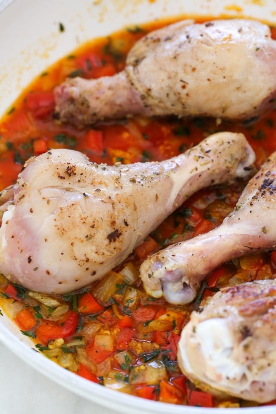 Spanish chicken and rice, a dish I grew up eating, is pure comfort food to me. This low-carb version swaps the rice for veggies, which means larger portions with 85% less calories than rice!