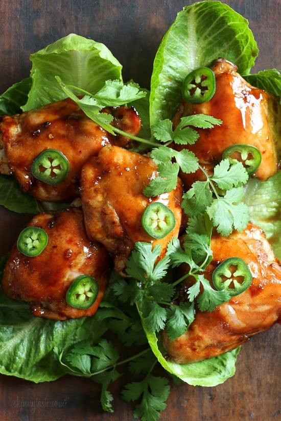 Sweet and spicy, these juicy skinless tamarind-glazed chicken thighs are easy to make and are perfect served with crisp lettuce on the side. 
