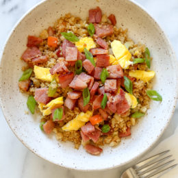 Cauliflower Fried "Rice" with Leftover Ham is a great way to use up that leftover ham from the Holidays, made with riced cauliflower in place of rice to make it low-carb – delicious!