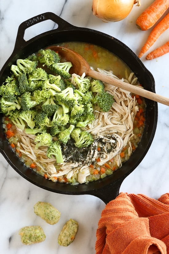 Skillet Chicken and Broccoli Veggie Tot Pie is the ultimate fast and easy, family-friendly, one-pan comfort dish! Made in a skillet with chicken breast, celery, carrots, and broccoli, then finished in the oven with broccoli and cheese veggie tots.