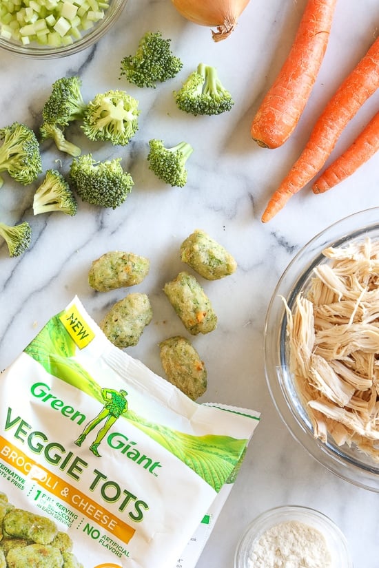 Skillet Chicken and Broccoli Veggie Tot Pie is the ultimate fast and easy, family-friendly, one-pan comfort dish! Made in a skillet with chicken breast, celery, carrots, and broccoli, then finished in the oven with broccoli and cheese veggie tots.