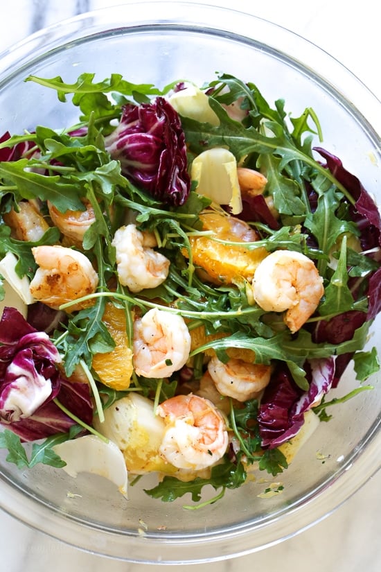 Grilled Shrimp Salad with Orange, Endive, Baby Arugula and Radicchio