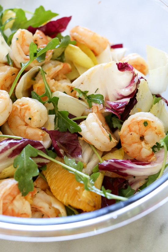 Grilled Shrimp Salad with Orange, Endive, Baby Arugula and Radicchio