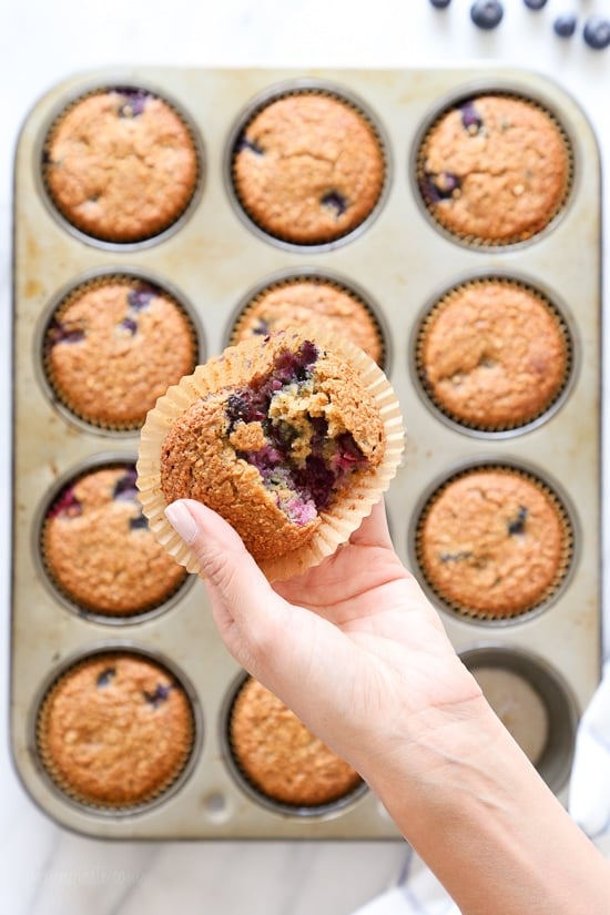 These Gluten-Free, Dairy-Free, Blueberry Oatmeal Muffins are insanely good. So moist, and lightly sweetened, studded with blueberries in every bite!