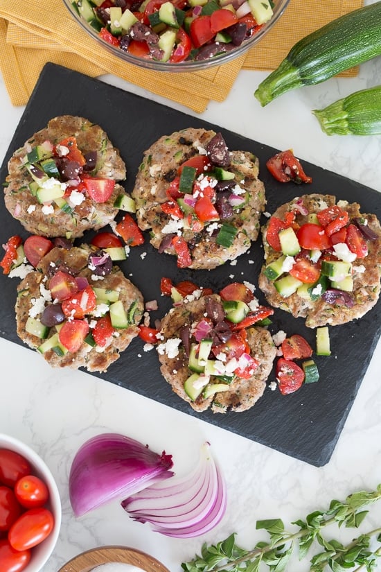 Naked Greek Feta-Zucchini Turkey Burgers are so juicy, thanks to my secret ingredient – grated zucchini!