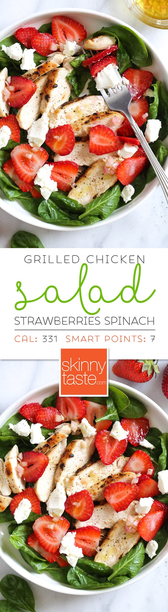 Grilled Chicken Salad with Strawberries and Spinach is all I've been craving now that Spring is in full bloom! I made this with creamy goat cheese and a white balsamic dressing, but this would also be great with Feta cheese and if you want to add more protein, or skip the cheese add walnuts or slivered almonds.
