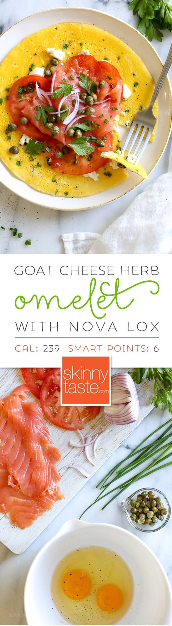 This Goat Cheese Herb Omelet topped with Nova Lox, sliced tomatoes and capers satisfies my bagel-and-lox craving, without the bagel! SO quick, takes about 5 minutes to make!