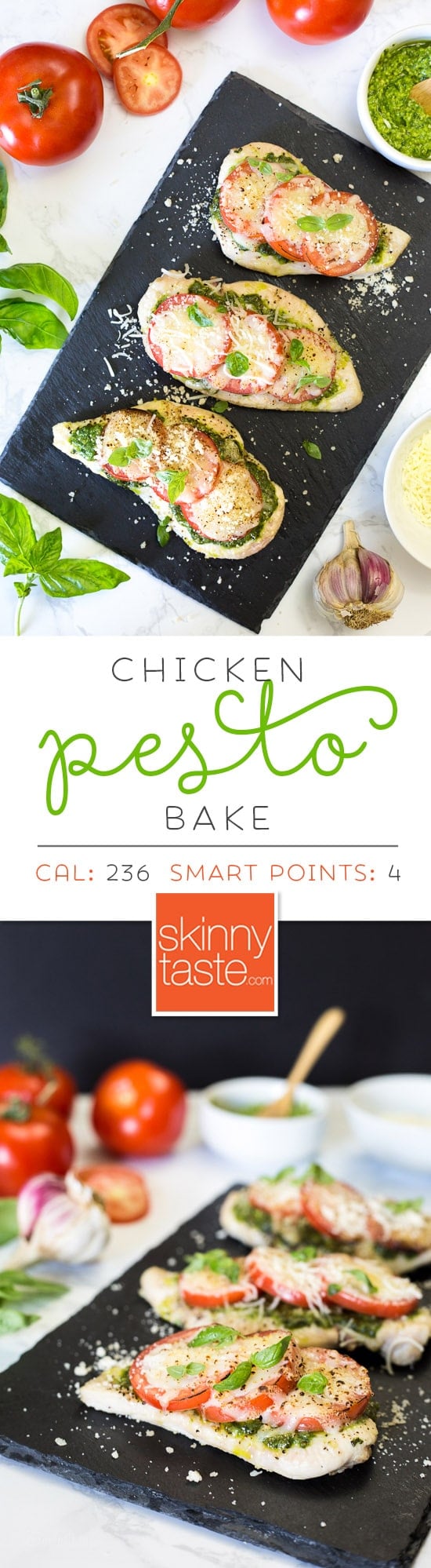 Chicken Pesto Bake is a simple, light dish made with skinless chicken breasts, pesto, tomatoes, mozzarella and Parmesan cheese. You can make this in the oven, or make it outside on the grill!