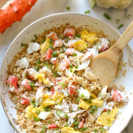 King Crab fried rice is one of my favorite dishes we often order when dining at a local Japanese restaurant. Every time I order it, I always say I'm going to try this with riced cauliflower, so finally I did and it was SO good!