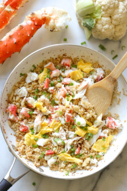 King Crab fried rice is one of my favorite dishes we often order when dining at a local Japanese restaurant. Every time I order it, I always say I'm going to try this with riced cauliflower, so finally I did and it was SO good!